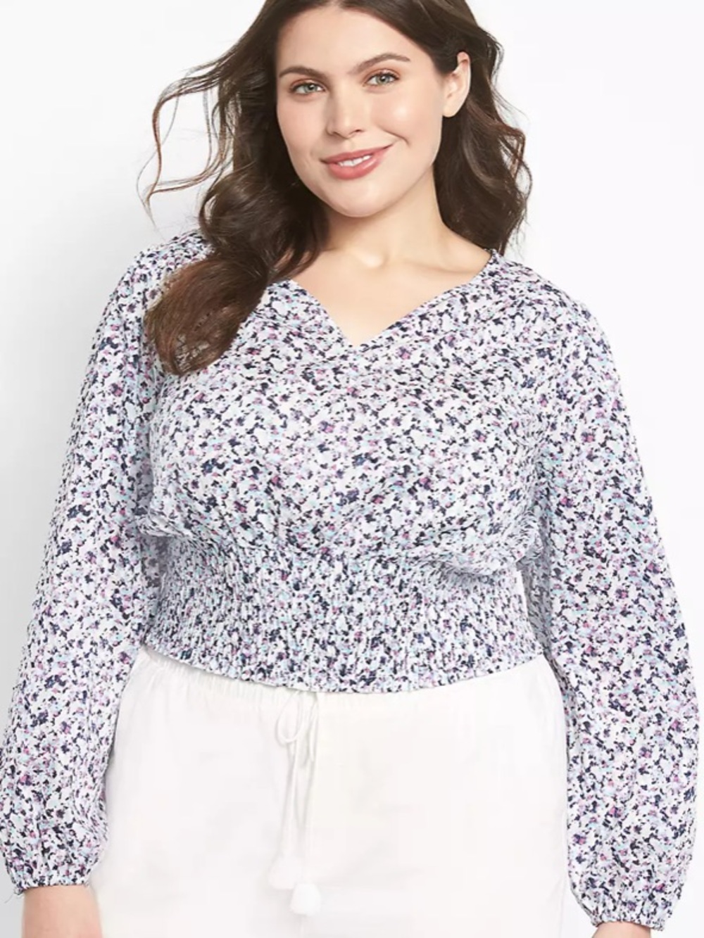 NWT Lane Bryant 7X 38/40 Long Ballon Sleeve Top Shirred Waist Crop Blouse Spring